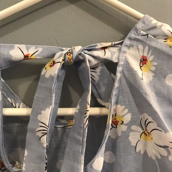 Shein Top Womens Large Blue Daisy Print Ruffle Sleeve Drawstring Blouse Tie - Picture 4 of 5